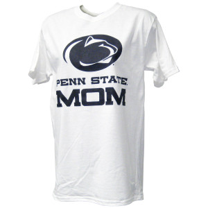 women's white short sleeve t-shirt with Penn State Mom below large Athletic Logo